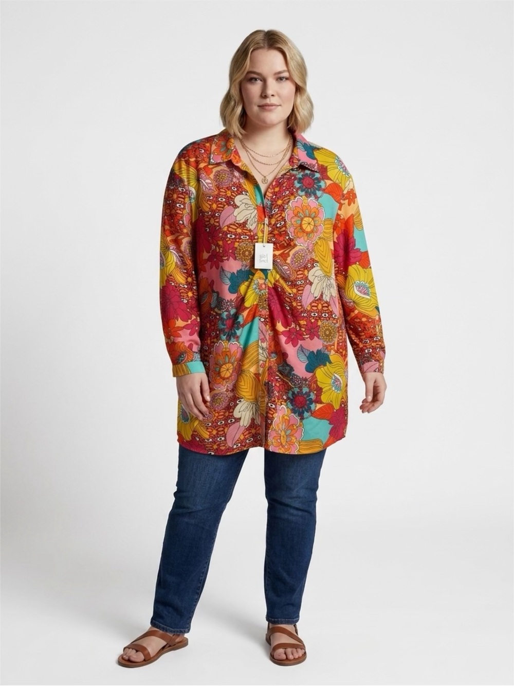 Vibrant Floral Button-Up Tunic Blouse Multicolor Retro